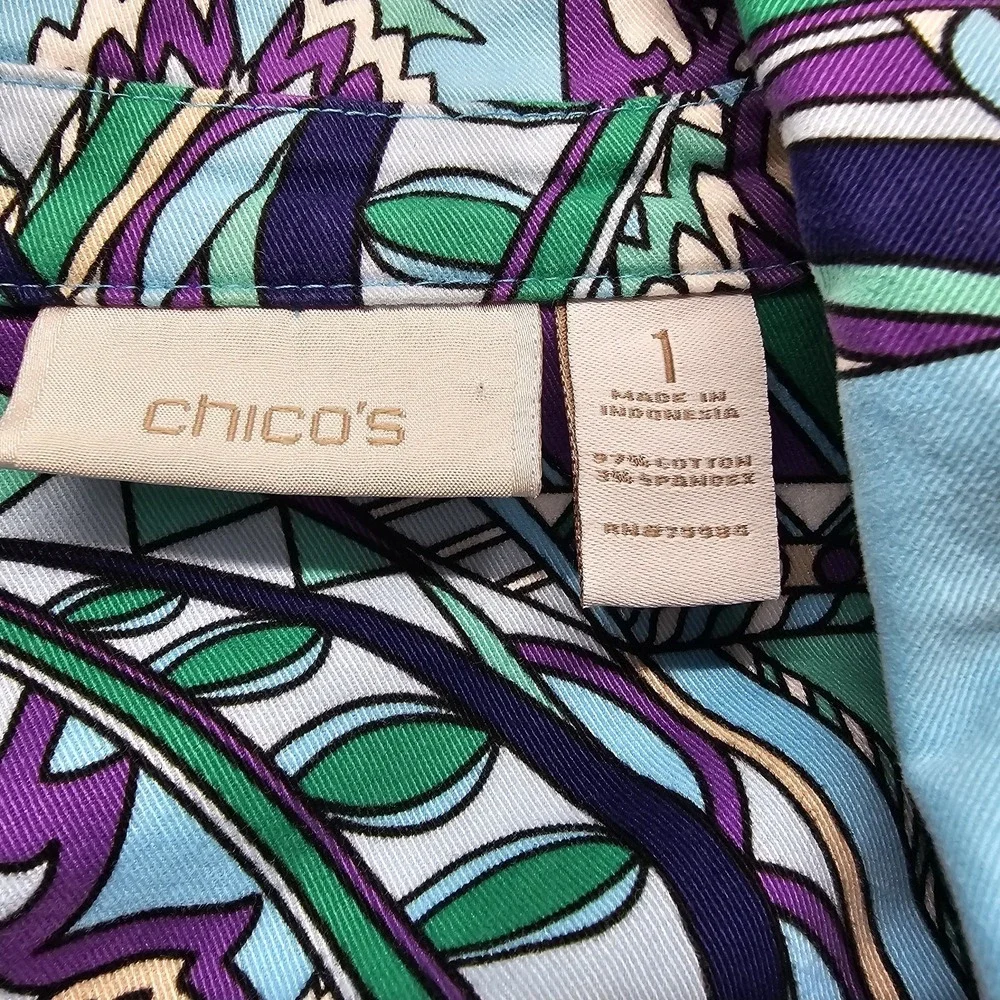 Chicos Jacket Womens Size 1 Med 8/10 Blue Hannalee Graphic Print Long Sleeve EUC